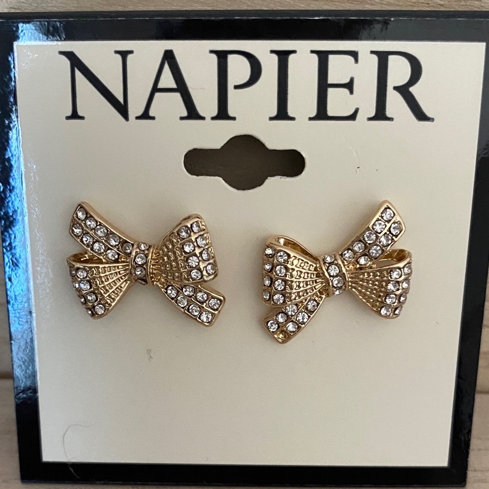 New Napier Gold Crystal Bow Post Earrings